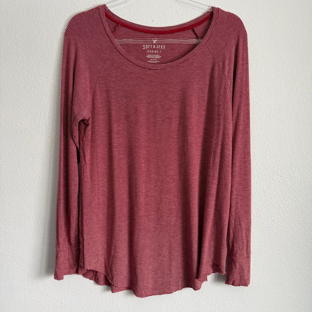 American Eagle Womens Soft & Sexy Jegging T Long‎ Sleeve Red Gray Stripe Size M